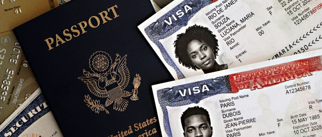 Close-up of a U.S. passport with visas and currency, symbolizing international travel and immigration.