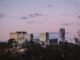Luxembourg City skyline featuring modern skyscrapers under a soft pink sunset sky.