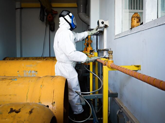 Worker in full protective suit and gas mask handles industrial pipes indoors in Indonesia.