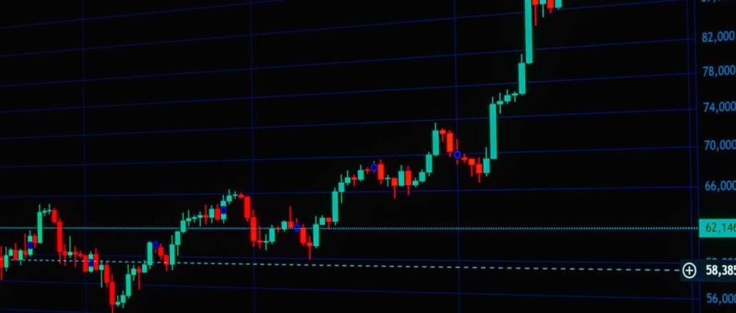 Detailed cryptocurrency trading chart showing market trends with candle and bar graphs.