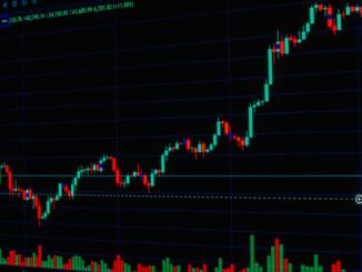 Detailed cryptocurrency trading chart showing market trends with candle and bar graphs.