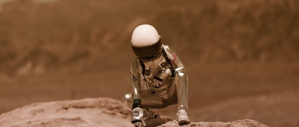 An astronaut in a spacesuit exploring a rocky landscape, evoking adventure and sci-fi themes.