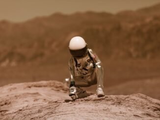 An astronaut in a spacesuit exploring a rocky landscape, evoking adventure and sci-fi themes.